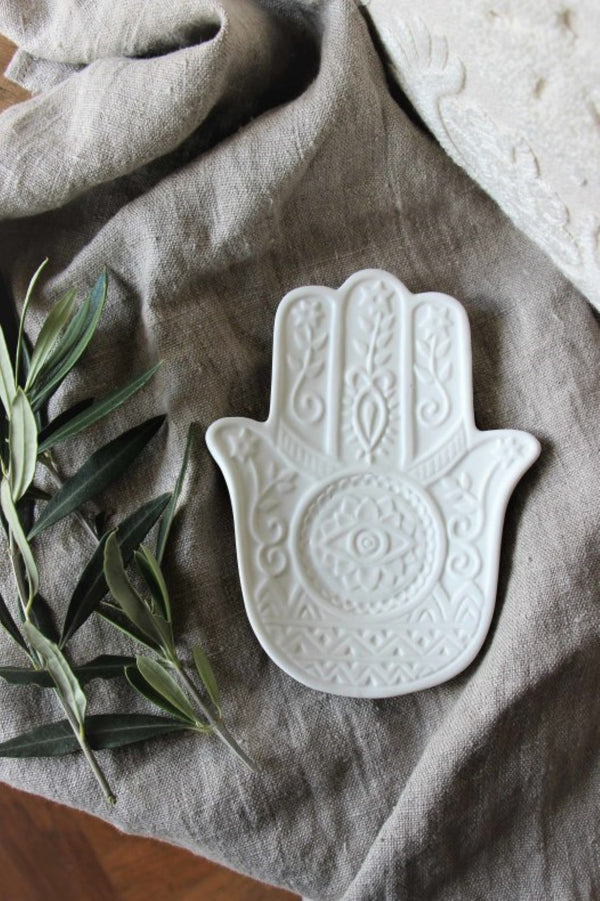 Majas Cottage, Boho Untersetzer Hamsa Hand, Coaster Hand der Fatima, weiß